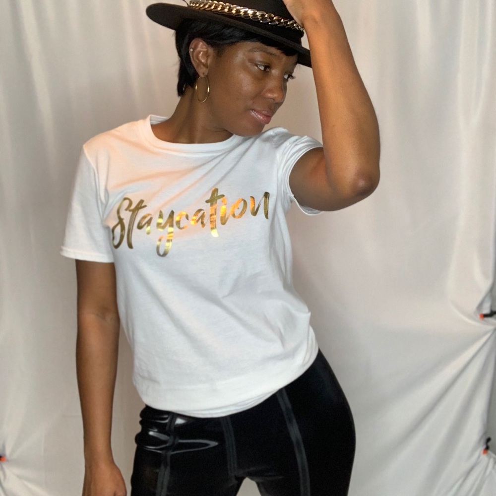 “staycation “gold foil slogan T-shirt